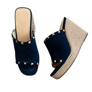 Marc Fisher Zyme2 blue Leather platform wedge sandal gold-tone studs Women’s 8